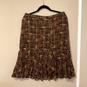 Gorgeous skirt with brown, cream, green, tan, and burgundy print